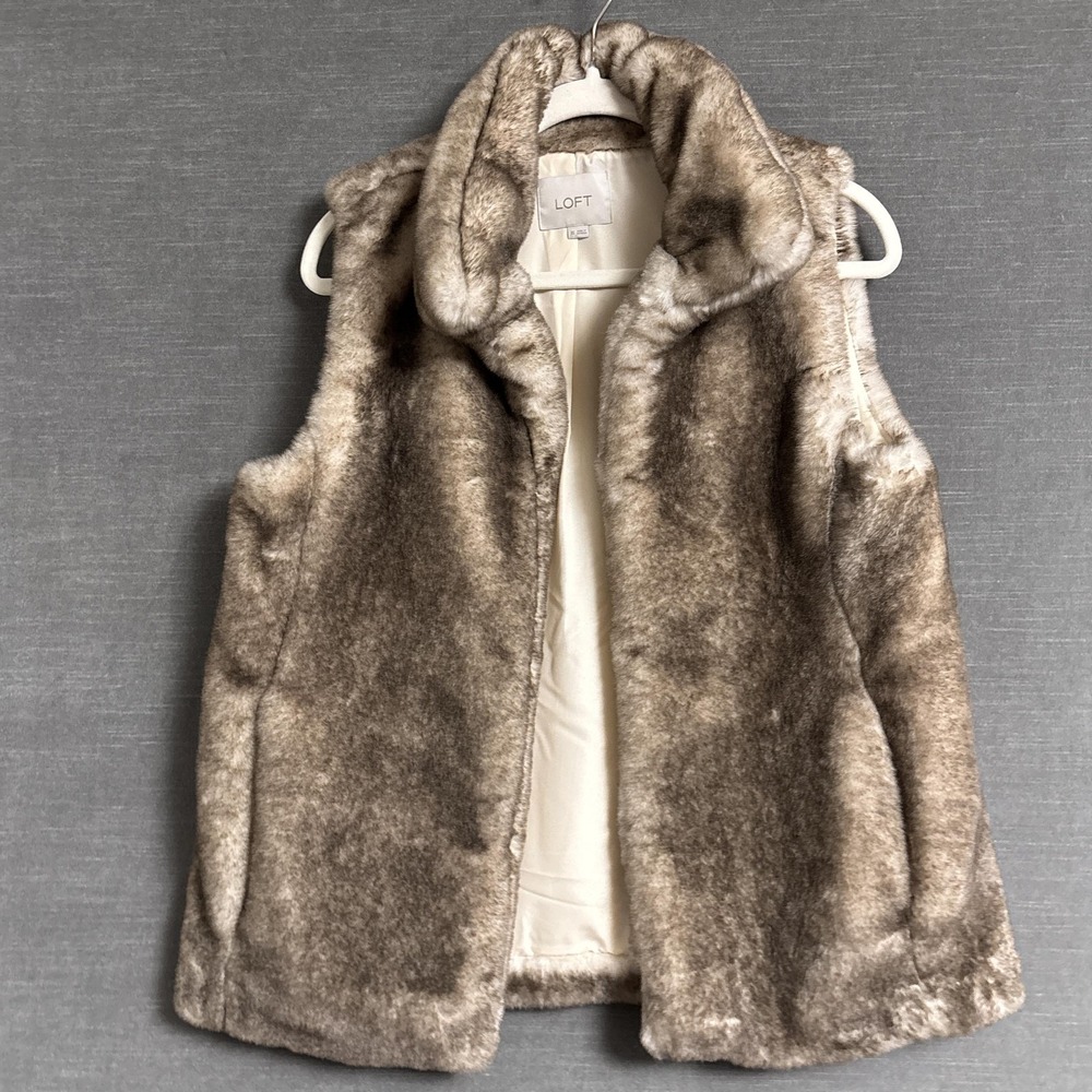 Loft Vest XS Brown Faux Fur Plush Open Front Pockets Lined Cozy Fall Winter Boho